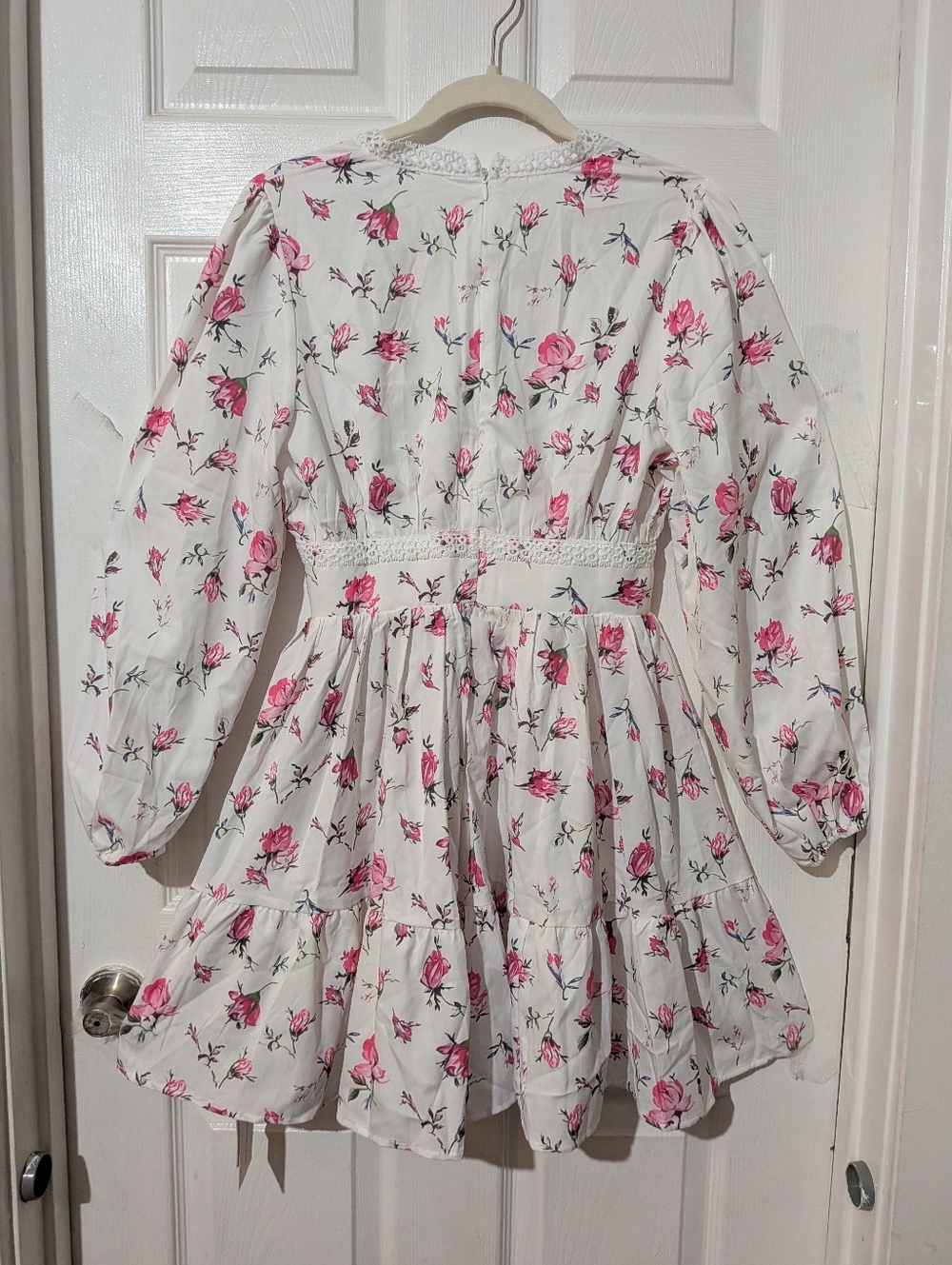 Commense Long Puff Sleeve V Neck Floral Print Short Mini Dress - Picture 9 of 13